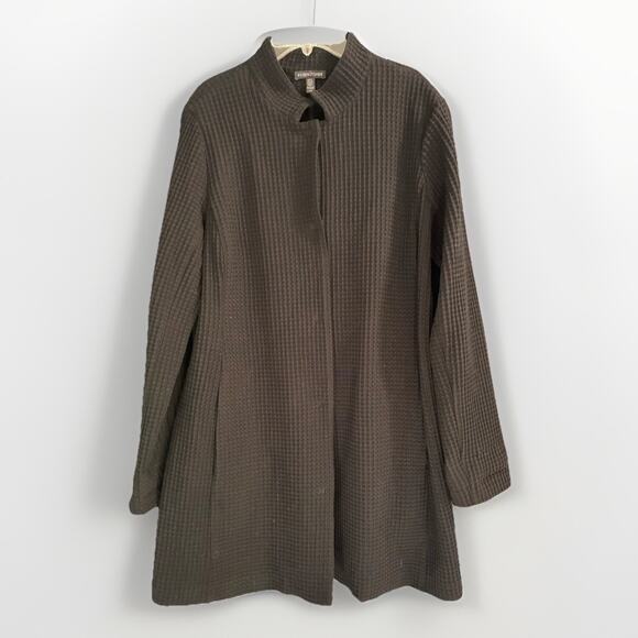 Eileen Fisher Jacket Womens L Black Waffle Knit Snap Front Long Coat Pockets - Picture 1 of 7
